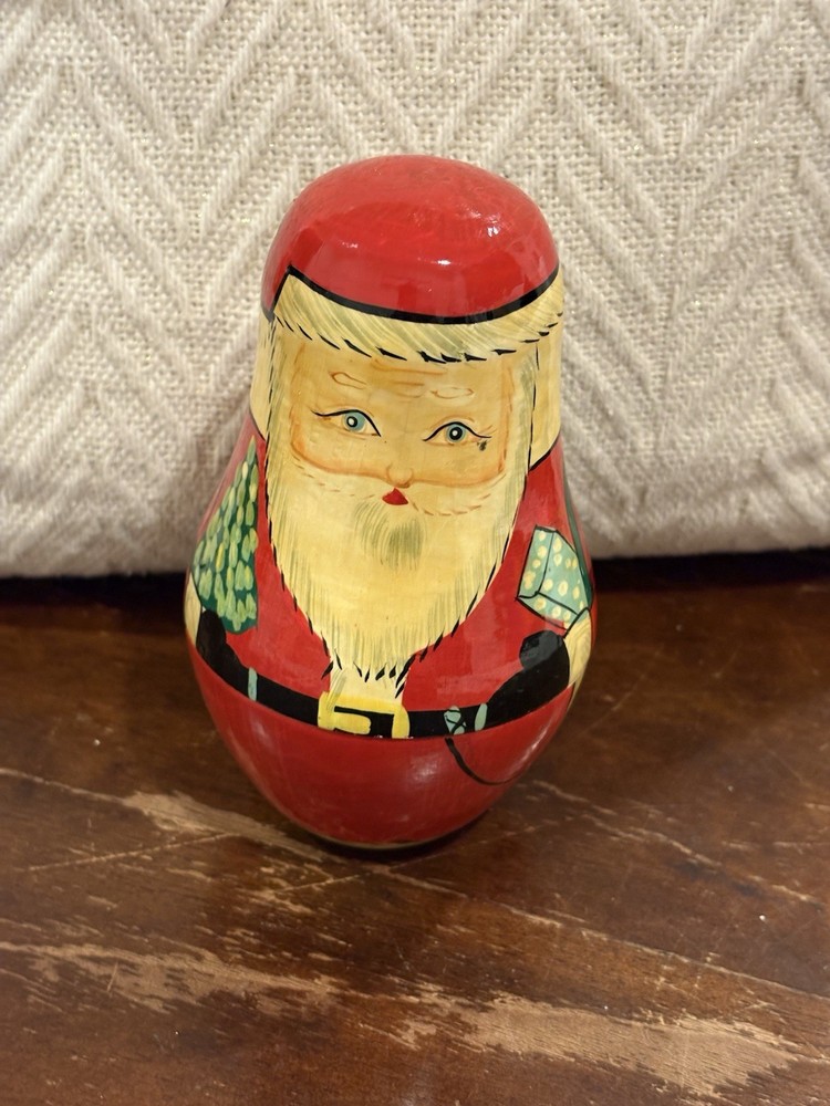 Vtg Stacking Santa Hand Painted 4 Pieces 6inch Tall Blue Eyes Wood Christmas