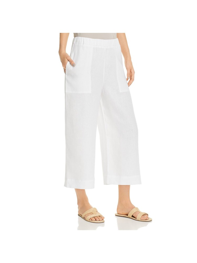 Women's White Cropped Wide Leg Pants with Pockets - Stretch Pull-On Style - Size 10