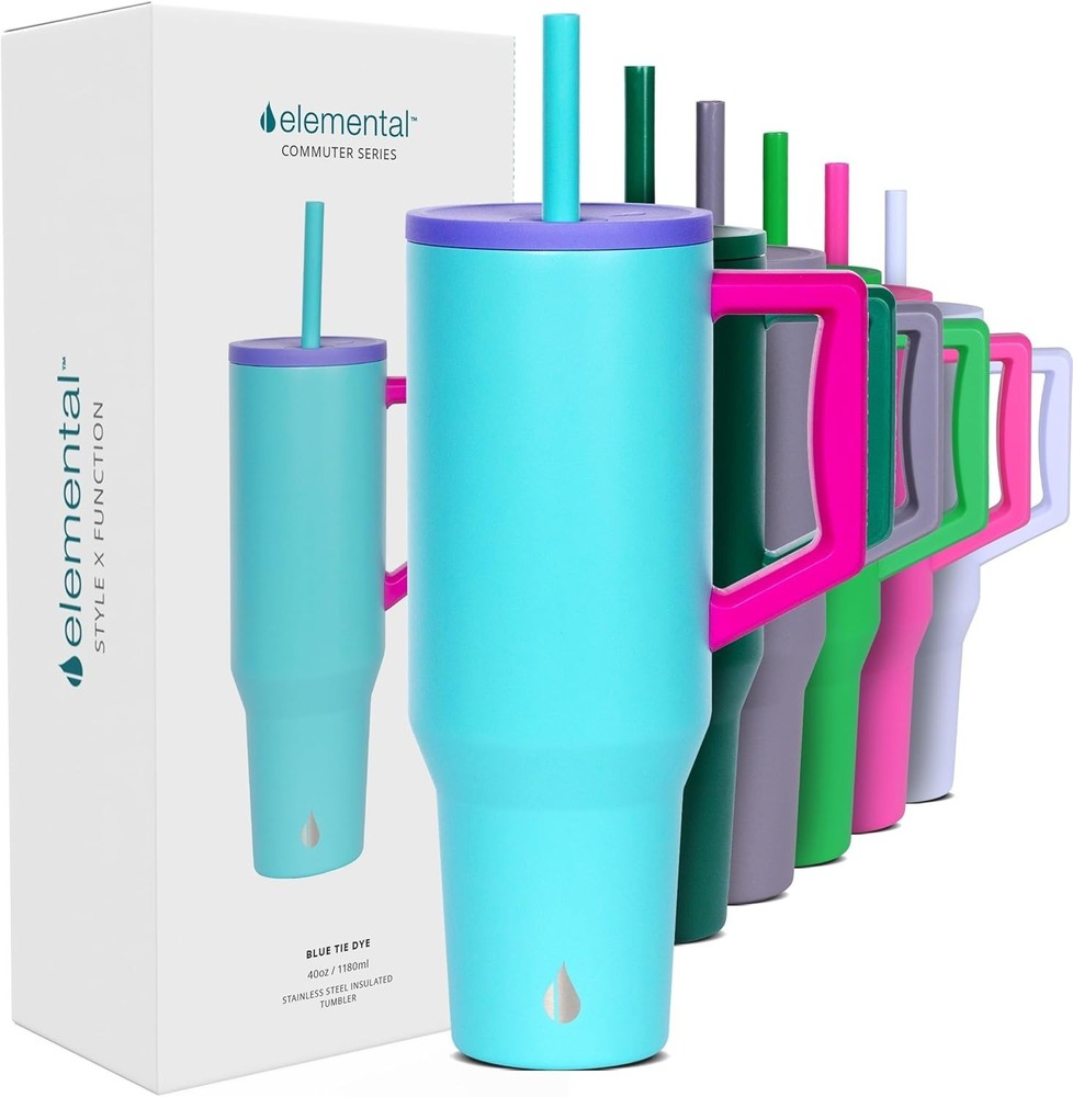 Elemental 40 oz Tumbler with Handle and Straw - Spill Proof Insulated Stainless