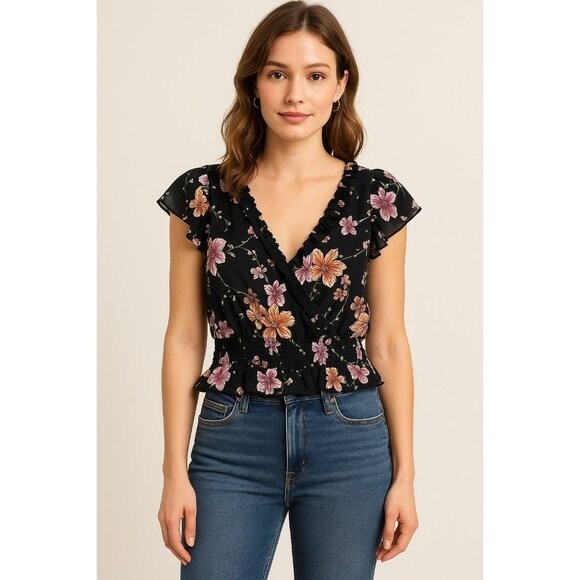 1.STATE Floral Wrap Top XL Ruffle Smocked Waist NWOT