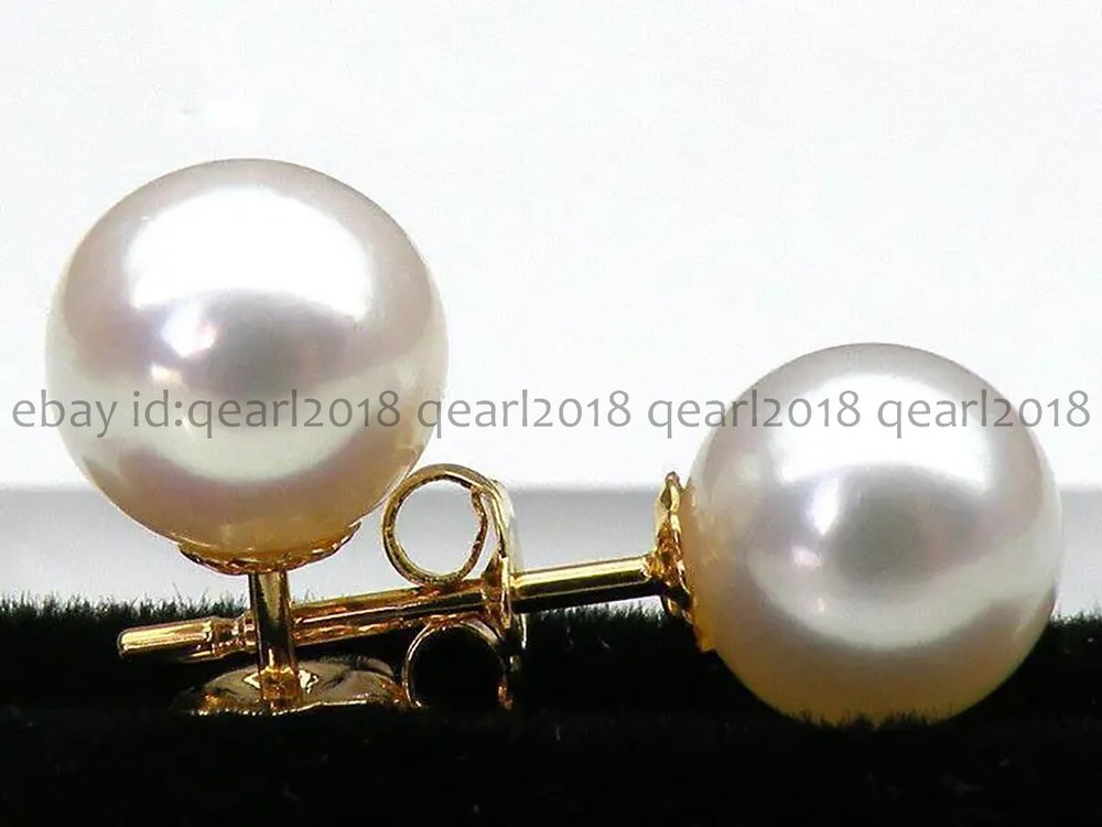 Perfect Round Real Natural White South Sea Pearl Stud Earrings 14K Yellow Gold