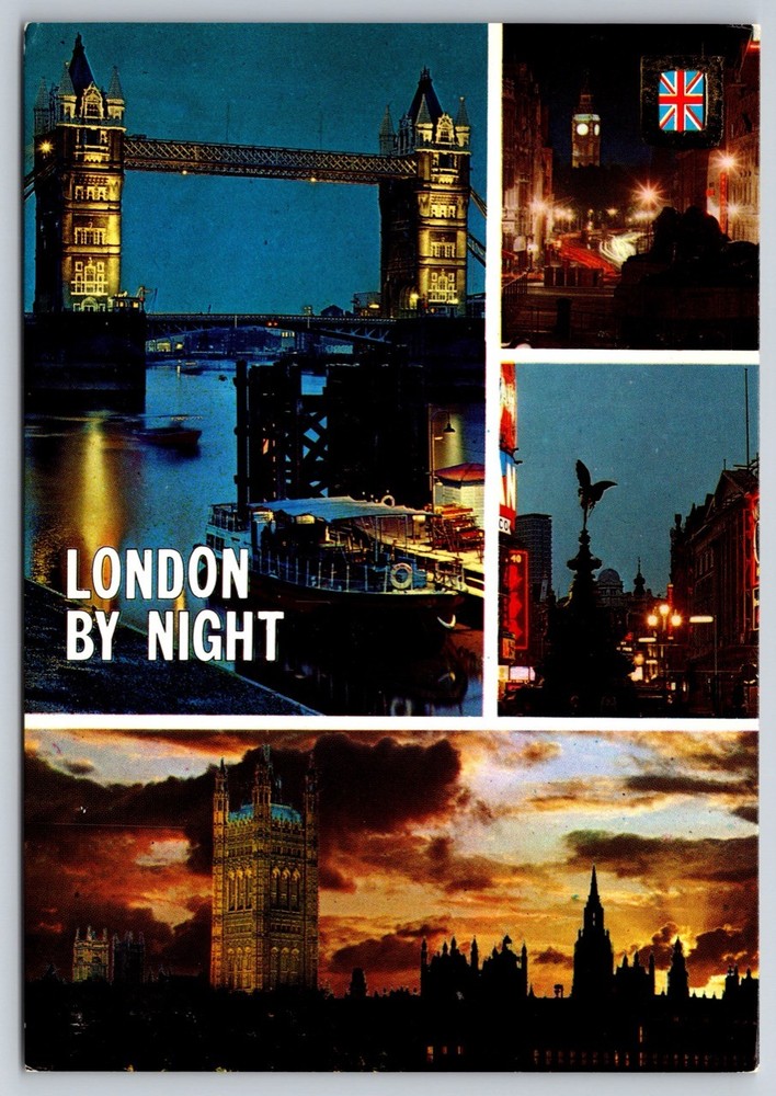 Postcard London by Night Greetings Tower Bridge England Unposted