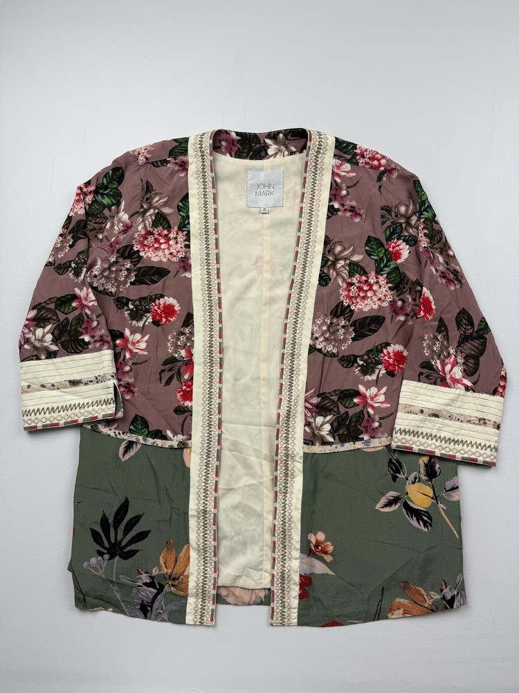 John Mark Jacket Womens Medium Multicolor Kimono Floral Embroidered Open Front