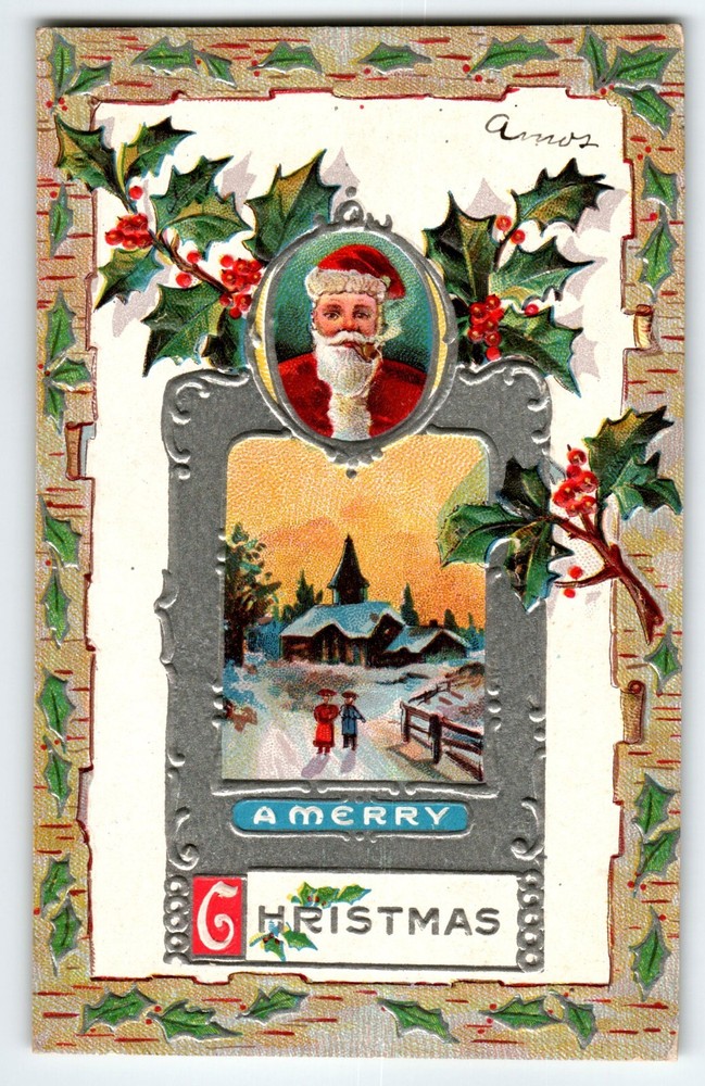 Santa Claus Christmas Postcard Smoking Pipe Church Lions Head Jackson Embossed