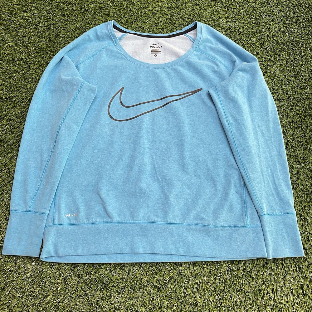 Nike Dri-Fit Womens Large Blue Long Sleeve Sweatshirt Activewear Swoosh Logo Gym