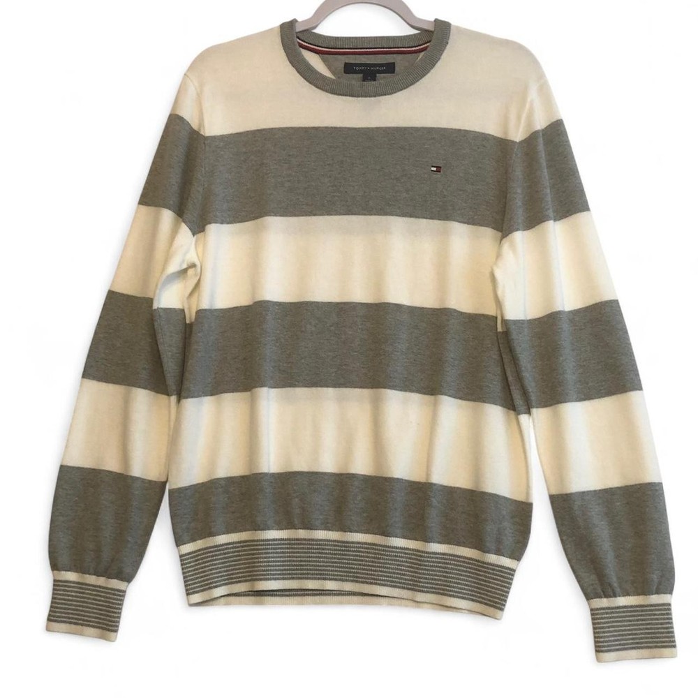 Tommy Hilfiger Sweater Pullover Men’s Medium Grey White Stripped Classic Preppy