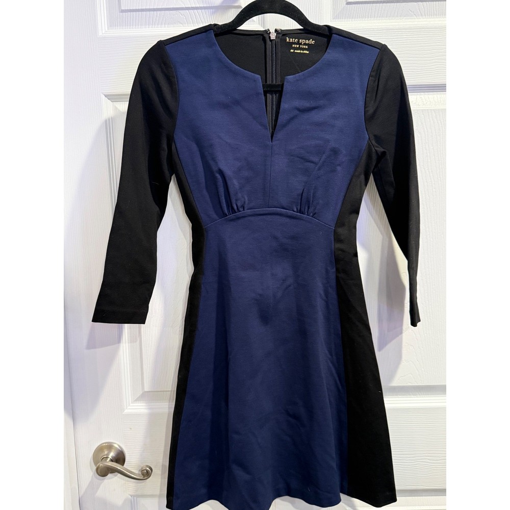 Kate Spade New York Colorblock Sheath Dress Navy Black V Neck 3/4 Sleeve Size 00