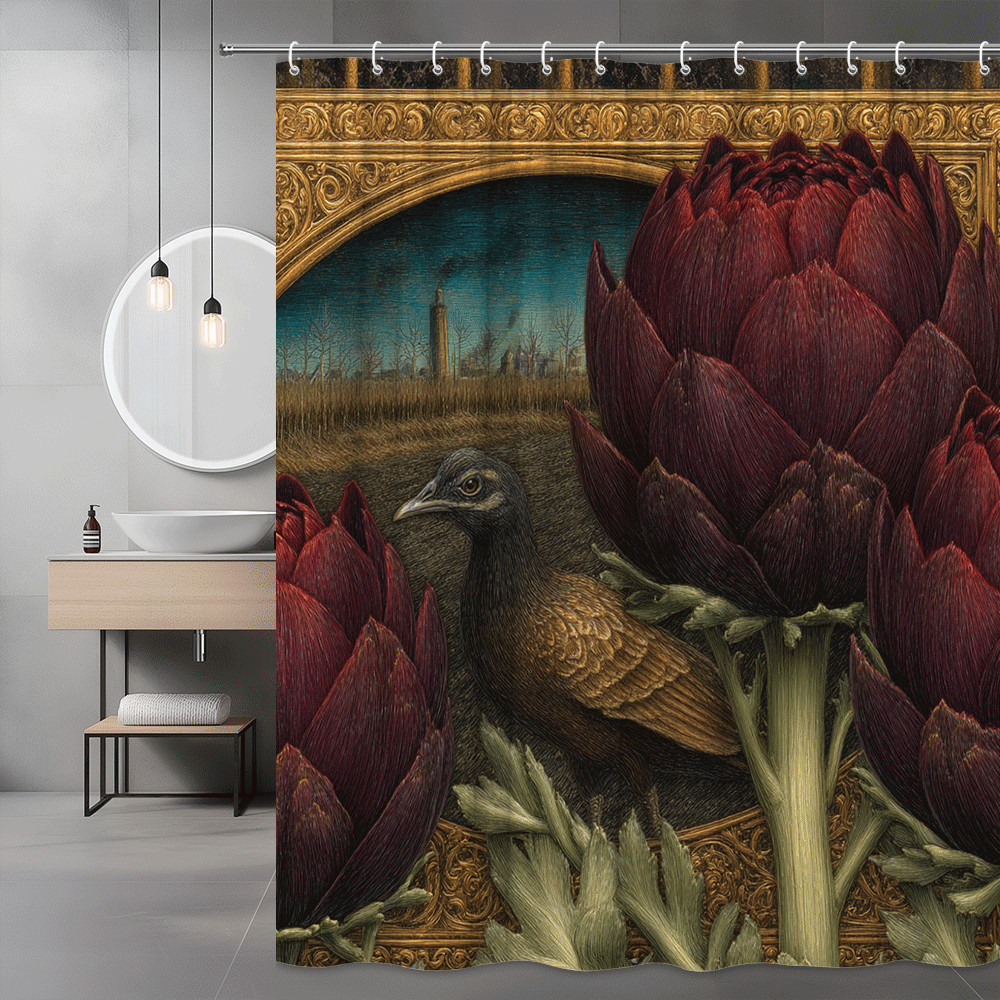Bird and Floral Shower Curtain, Dark Botanical Wall Art Print