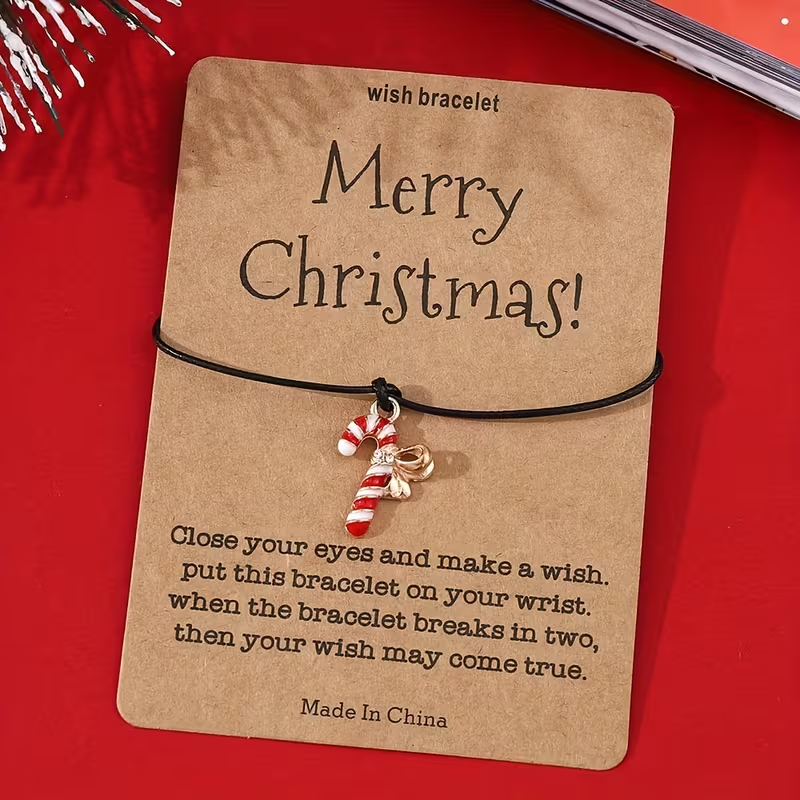 Merry Christmas Wish Bracelet Card – Candy Cane Charm Friendship Gift Jewelry