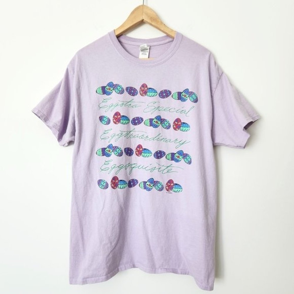 Y2K Gildan Easter Graphic T Shirt Large Pastel Purple Egg Puns Short Sleeve
