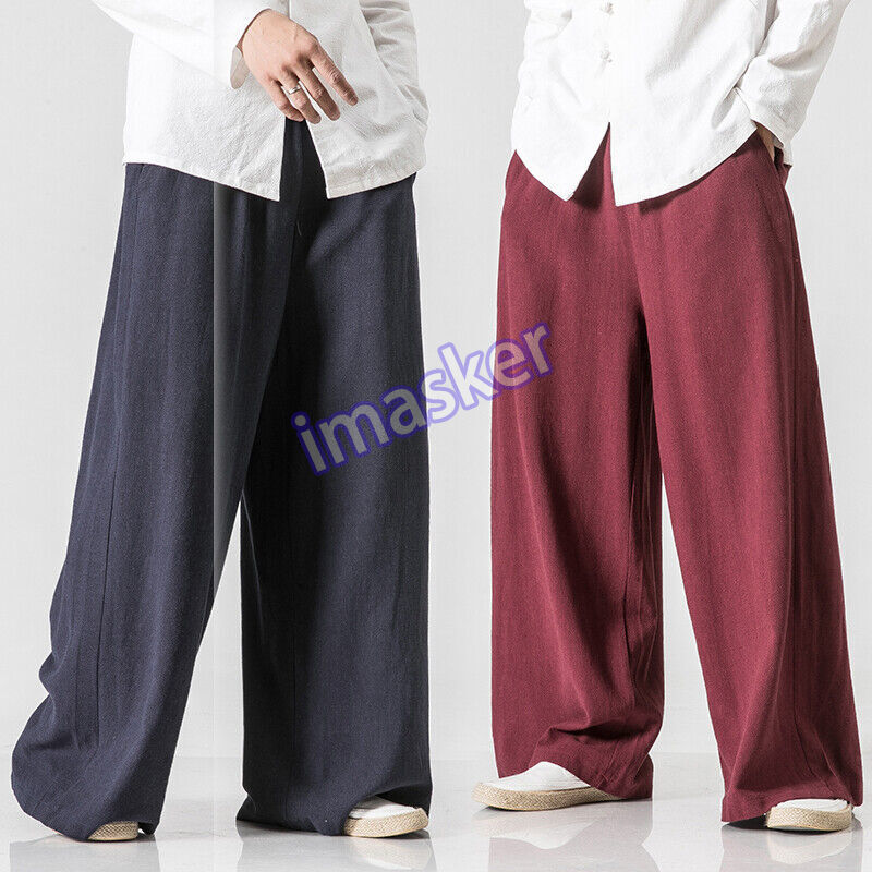 Mens Cotton Linen Wide Legs Trousers Plus Size Pants Loose Casual Plain Culottes