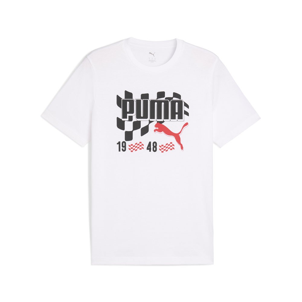 PUMA Graphics Moto Flag Graphic Crew Neck Short Sleeve T-Shirt Mens White Casual