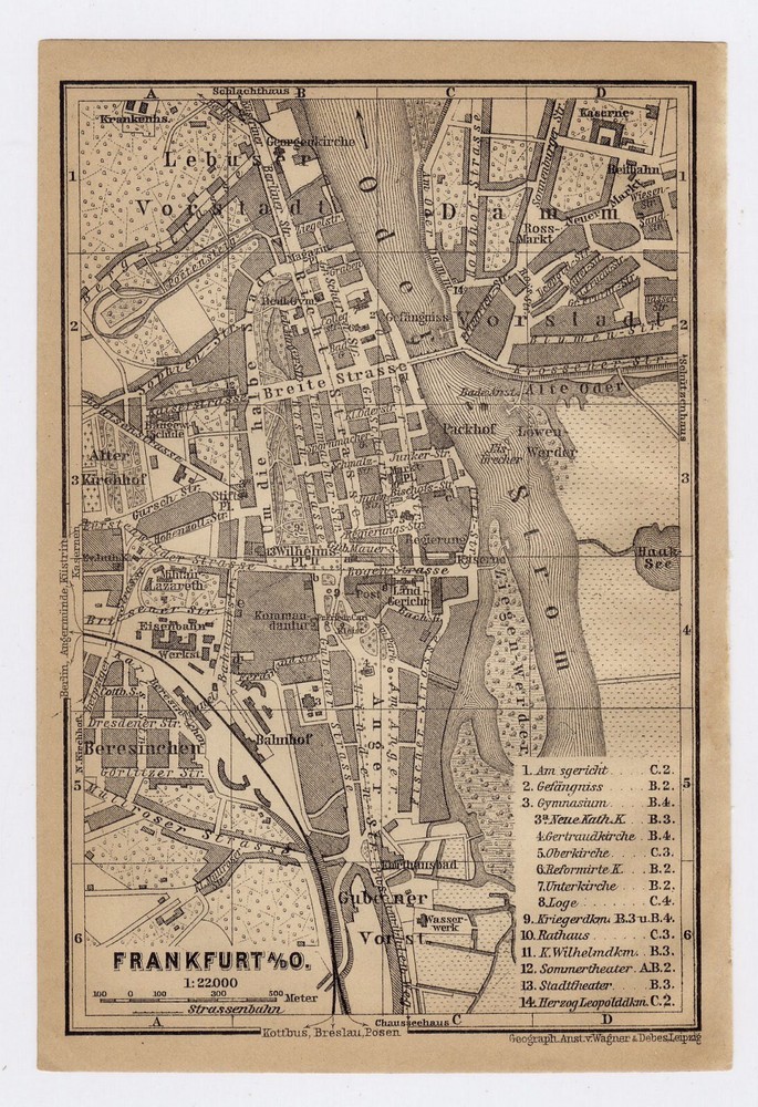 1904 Antique City Map Of Frankfurt An Der Oder / Slubice / Poland Germany