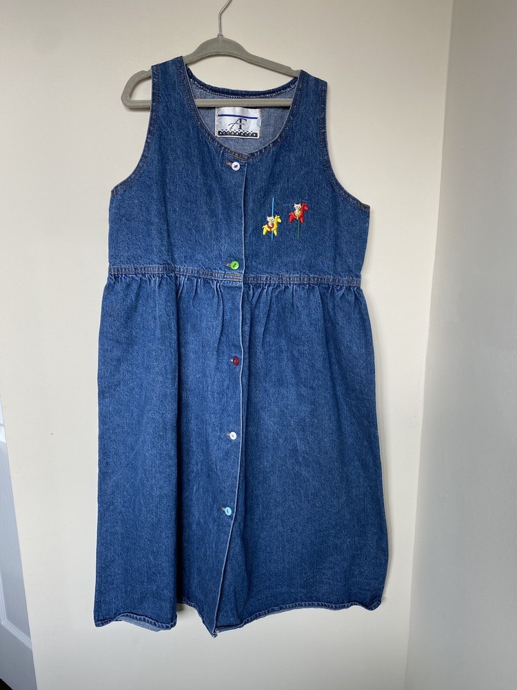 Vintage  Carousel Horse & Bear Embroidered Denim Dress