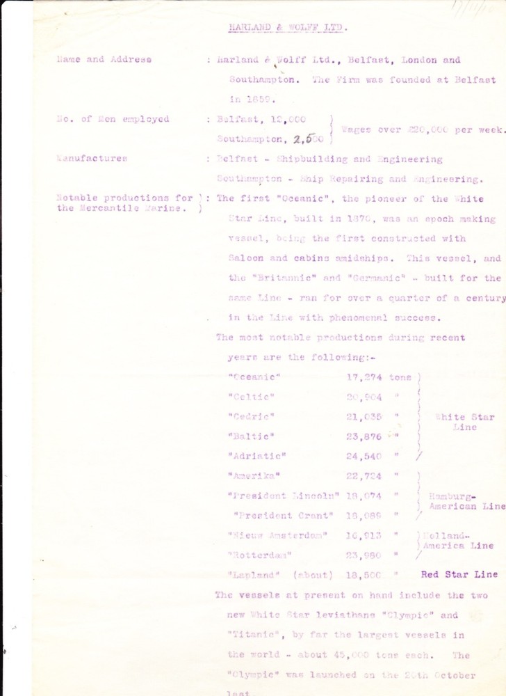 Genuine 1910 Harland & Wolff Typed Article about Titanic and Olympic