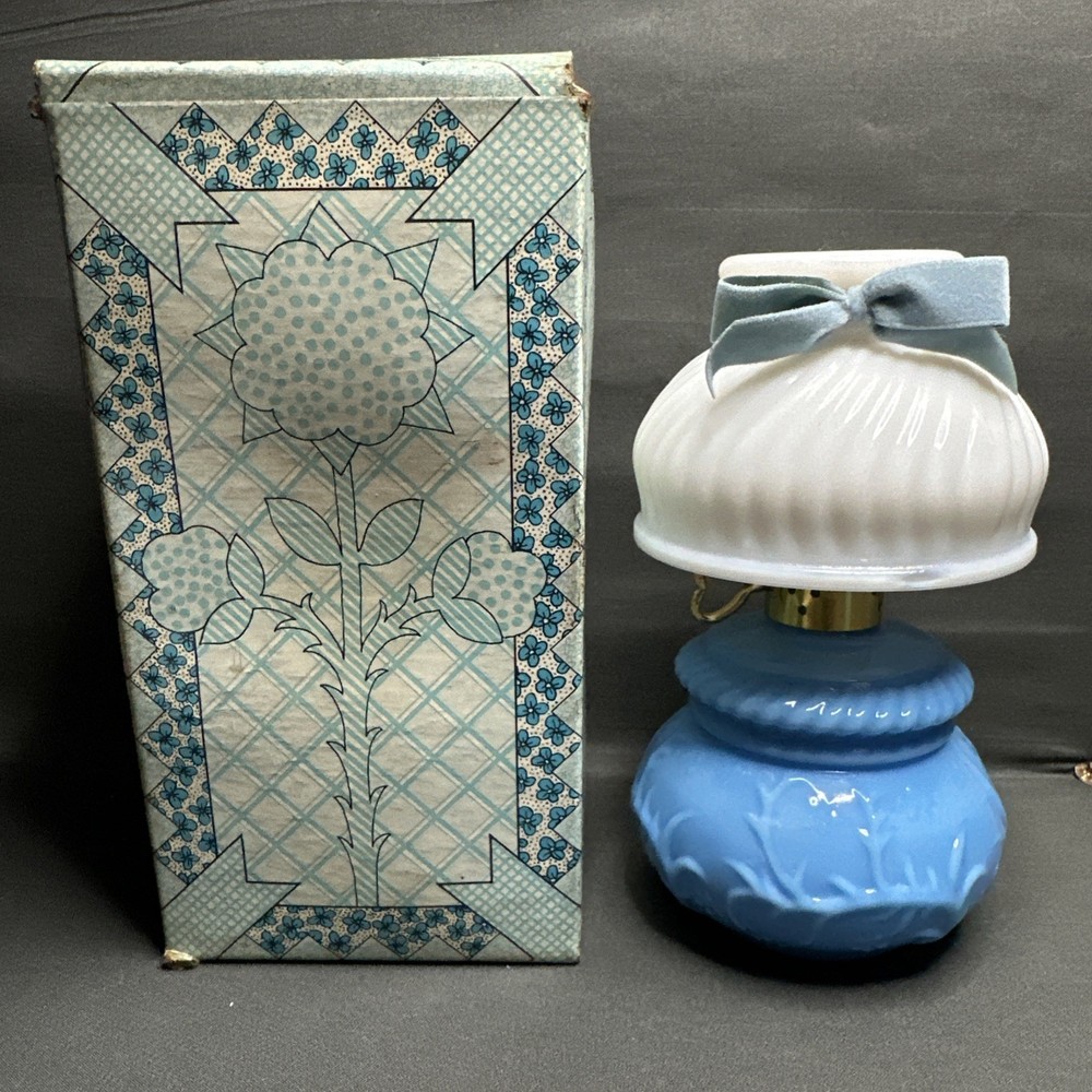 Vintage Avon Courting Lamp 2 Blue & White Milk Glass Perfume Bottle Full Elusive