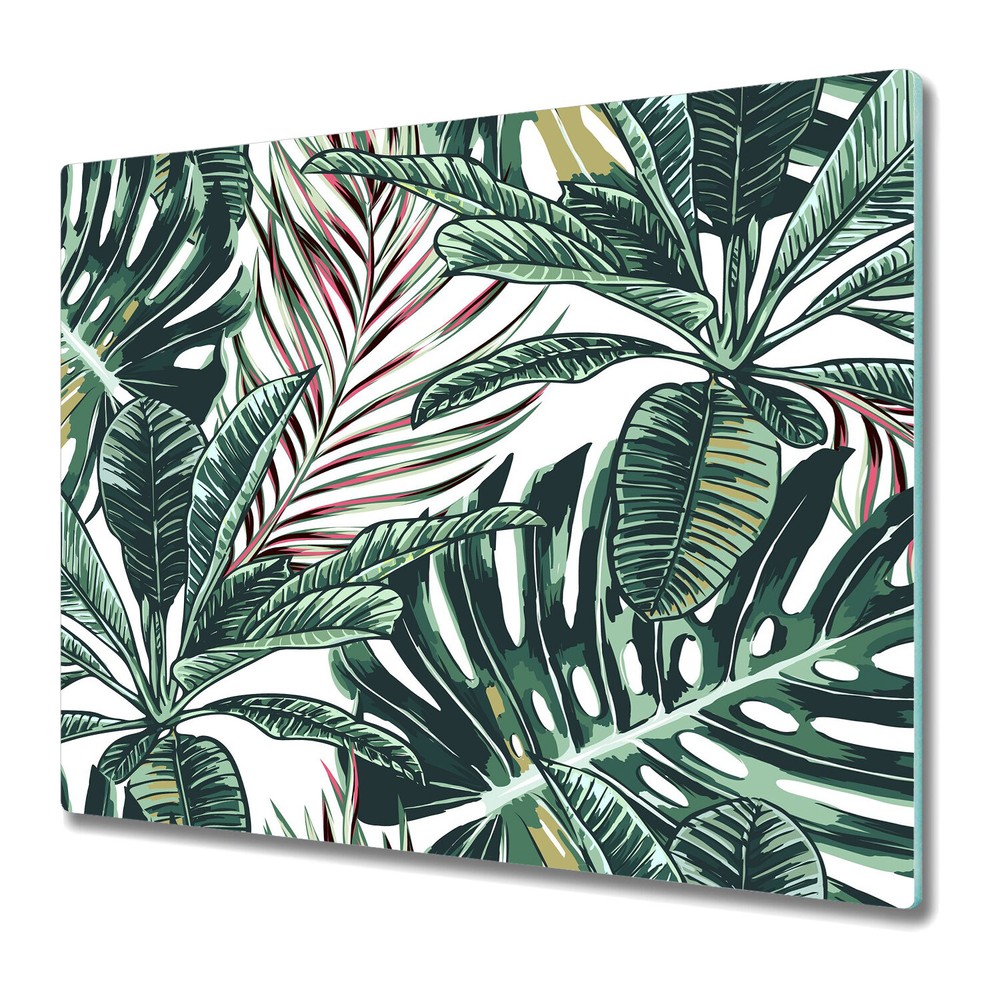 Glass Chopping Cutting Board Tropical Palm Leaves delicate Watercolour 60x52