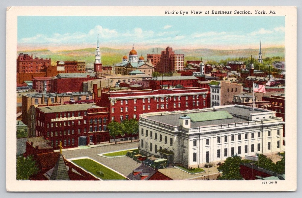 Vintage Bird's-Eye View York PA Business Section Linen Postcard