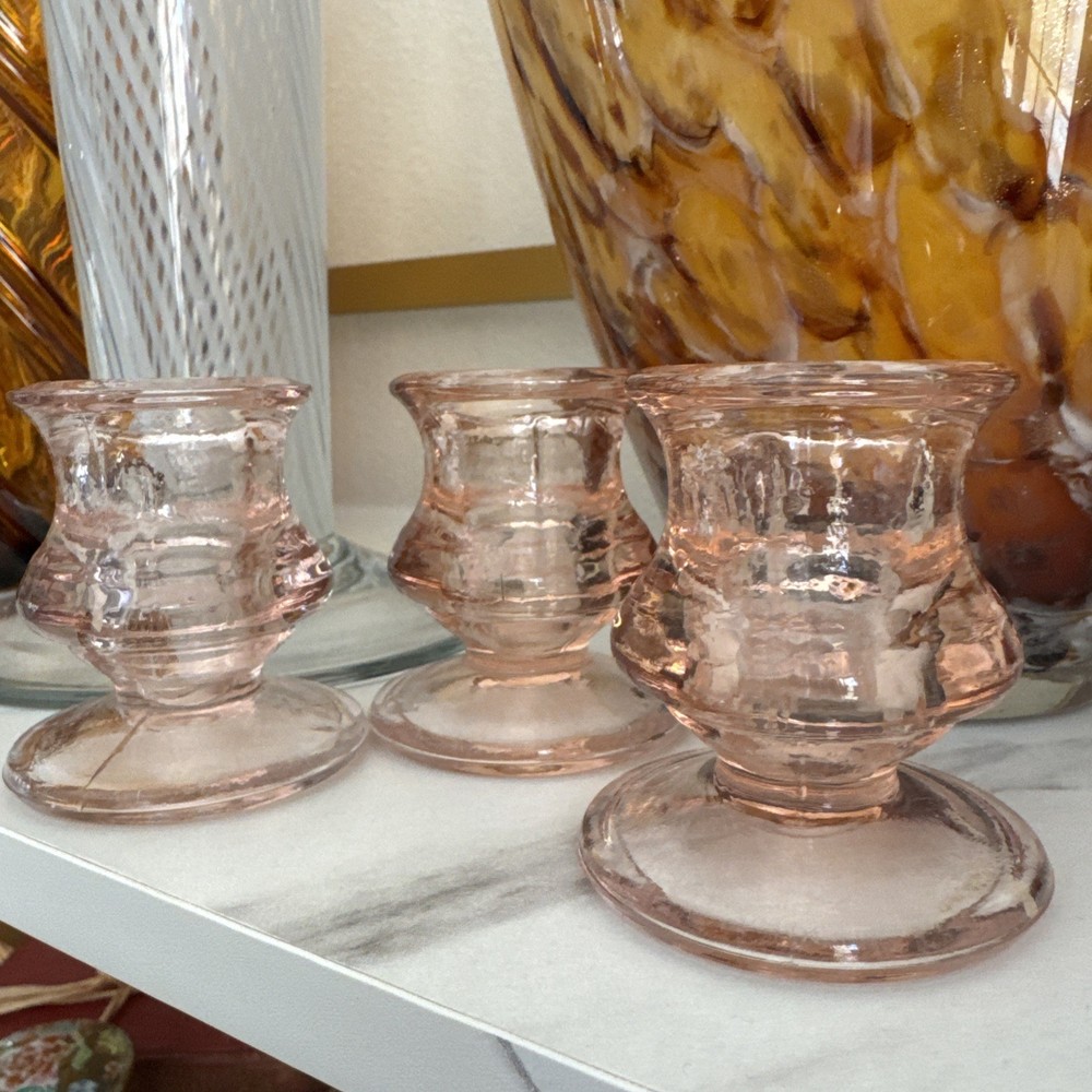 Vintage Pink Depression Glass Taper Candlestick Holders Set of 3