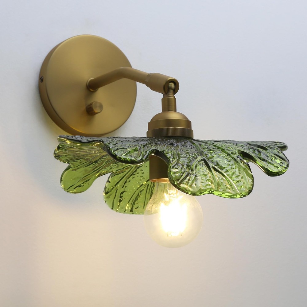 1-Light Brass Glass Vanity Wall Sconce with Green Flower Shade, Vintage Indus...