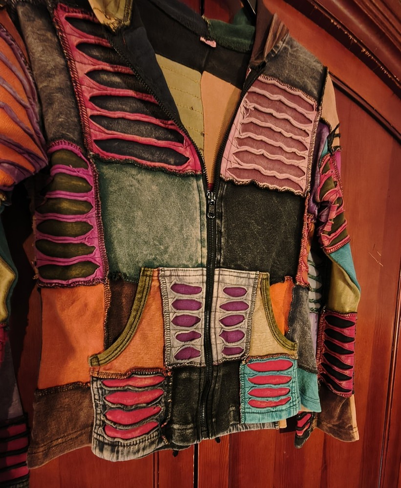 Patchwork Multicolor Full Zip Hoodie 100% Cotton Women's Size S Bohemian