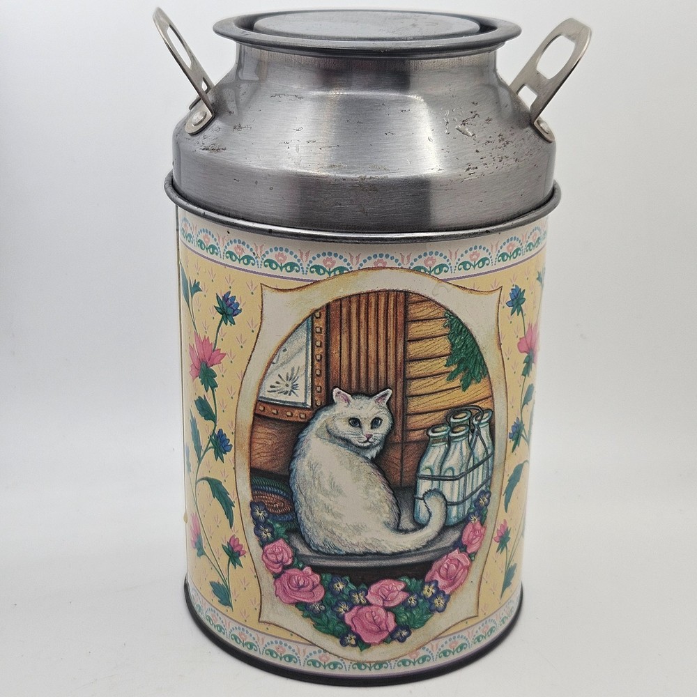 Vintage Cat Milk Can Cookie Jar Tin Canister Cottagecore Farmhouse Kitty Decor