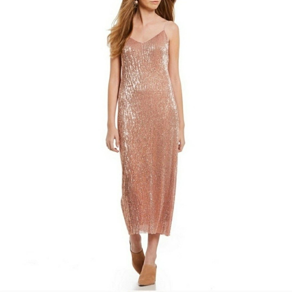 1. State V-Neck Sequin Slip Dress Nude Lustre Rose Gold Size Large