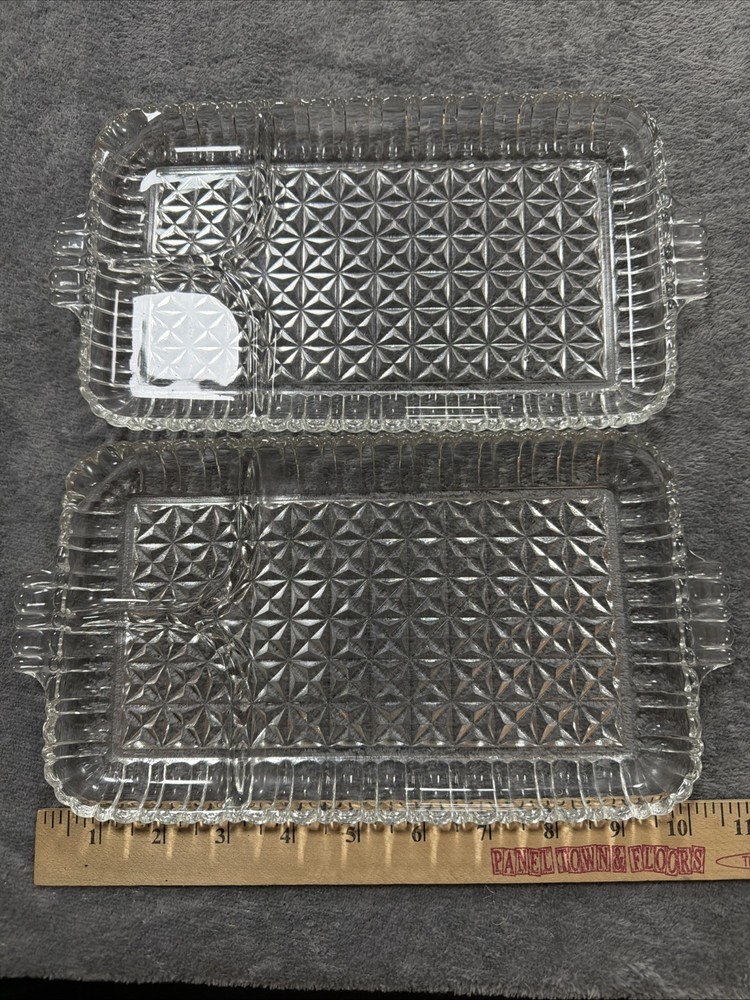 2 Vtg Anchor Hocking Serva Snack Clear Tray Divided Plate Glass Diamonds Squares