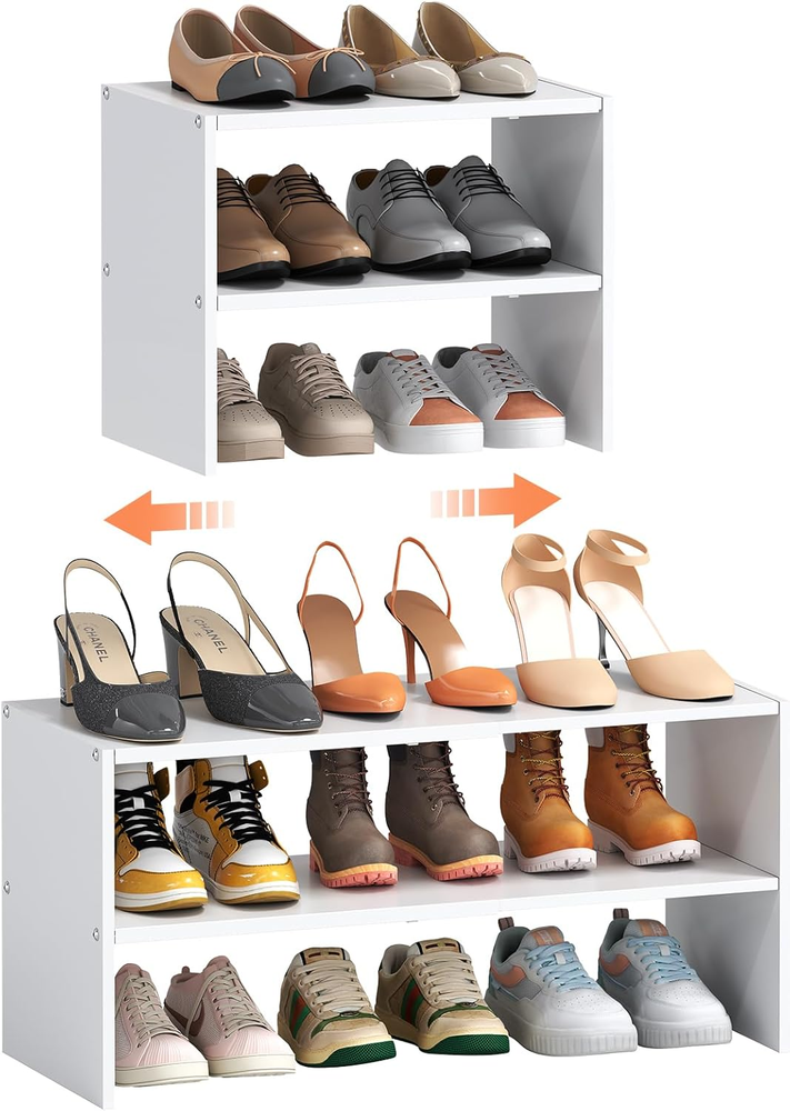 2-Tier Expandable White Stackable Shoe Rack Organizer for Closet Storage