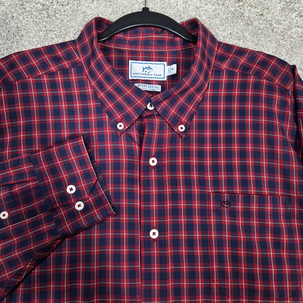 Southern Tide Intercoastal Shirt Men 2XL Red Blue performance Long Sleeve