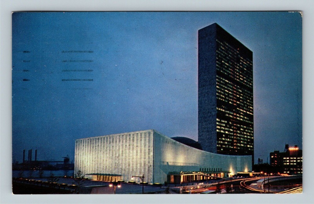 United Nations Headquarters, Evening View, New York City c1956 Vintage Postcard