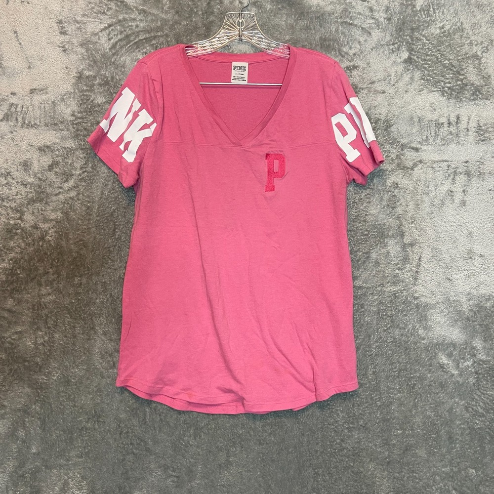 PINK Victoria Secret Women Size L Y2K Sporty Spellout Lightweight V Neck T Shirt