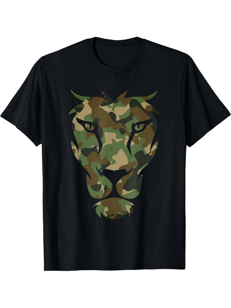 Camo Lion Head Graphic T-Shirt Military Camouflage Animal Print Tee