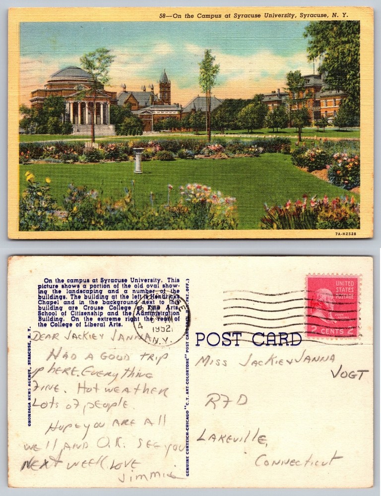 Syracuse University Campus Postcard 1952 Hendricks Chapel Crouse College NY