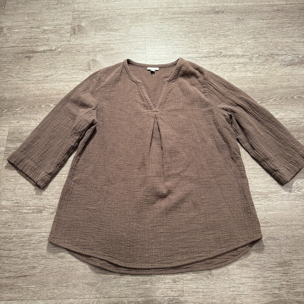 Pure Jill Shirt Womens Large Split V Neck Gauzy Cotton Tunic Top Blouse Textured