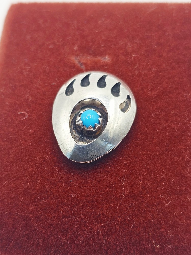 Vintage Sterling Silver Turquoise Bear Paw Print Tie Tack Lapel Pin