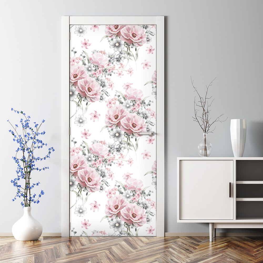 Delicate Floral Bubble Free Soft Minimalistic Flowers Repositionable Door Decal