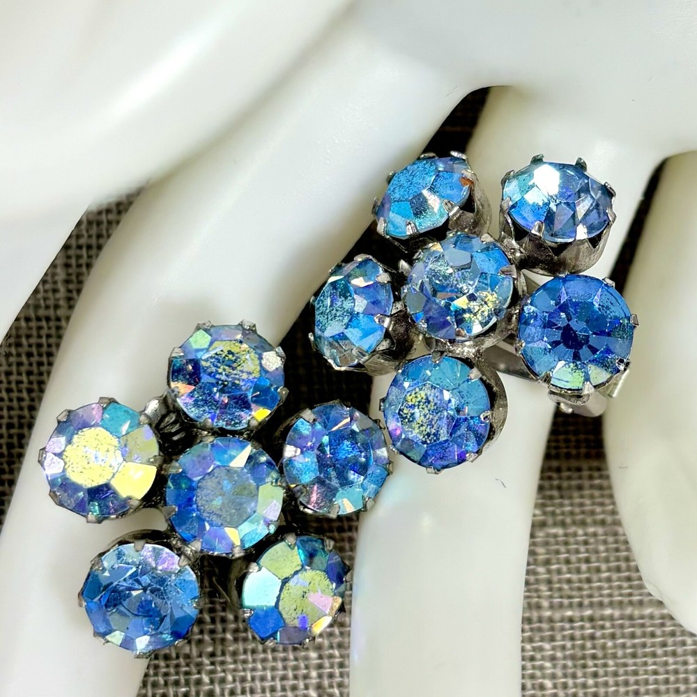 Vintage Blue Aurora Borealis Round Rhinestone Cluster Flower Clip On Earrings