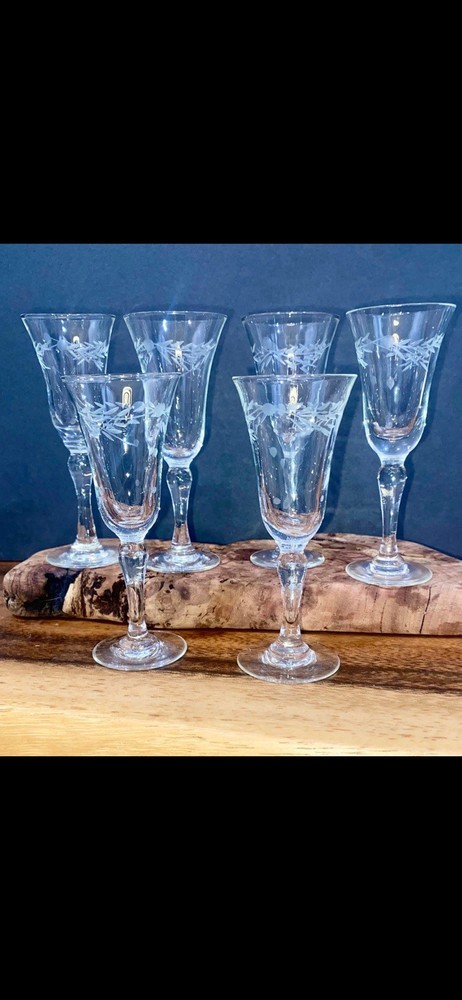 Vintage Crystal Floral Etched Cordial Sherry Glasses Liqueur Stemware Set Of 6