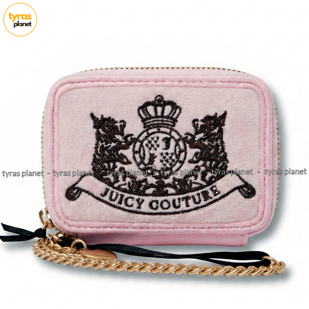 Juicy Couture Pink Velour Card Case Wallet Heart ID Window Embroidered Crest Zip
