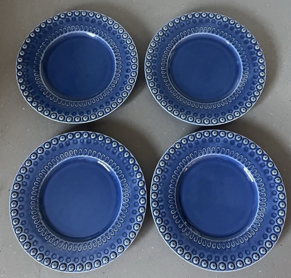 4 Bordallo Pinheiro FANTASIA Lapis Blue Salad Plates 8.75 Raised Flowers Majolic