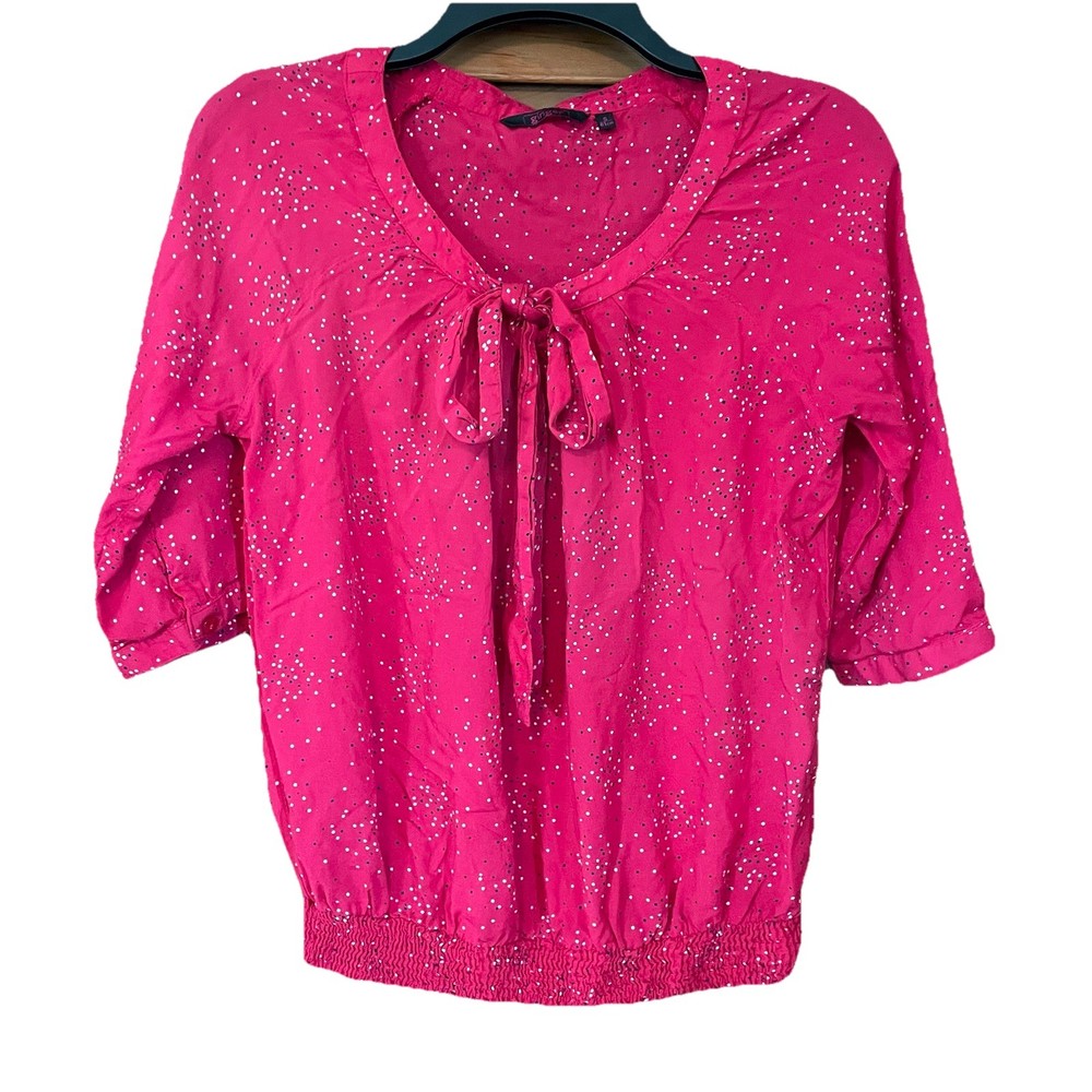 Ginger Pink blouse 3/4 Sleeve Polka Dot Bow Front Cotton Cute  size Small
