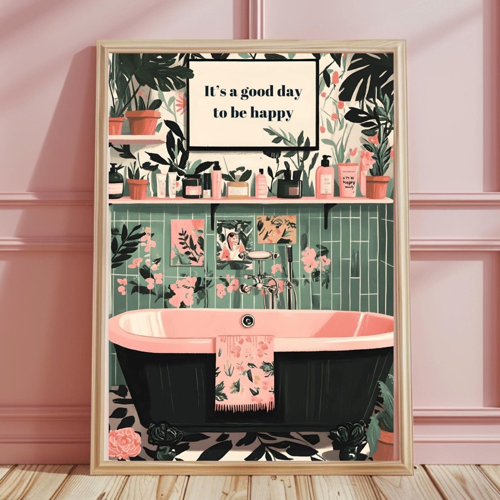 Boho Bathroom Wall Art Bath House Plants Art Bathtub Tile Botanical Pink
