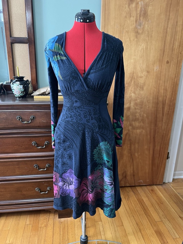 Desigual V-neck Graphic Abstract Art Blue And Multicolor Dress Size S-image