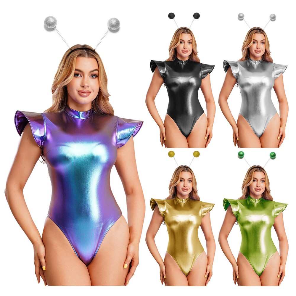 Women's Alien Robot Cosplay Metallic Shiny Costume Fly Sleeve Mock Neck Bodysuit