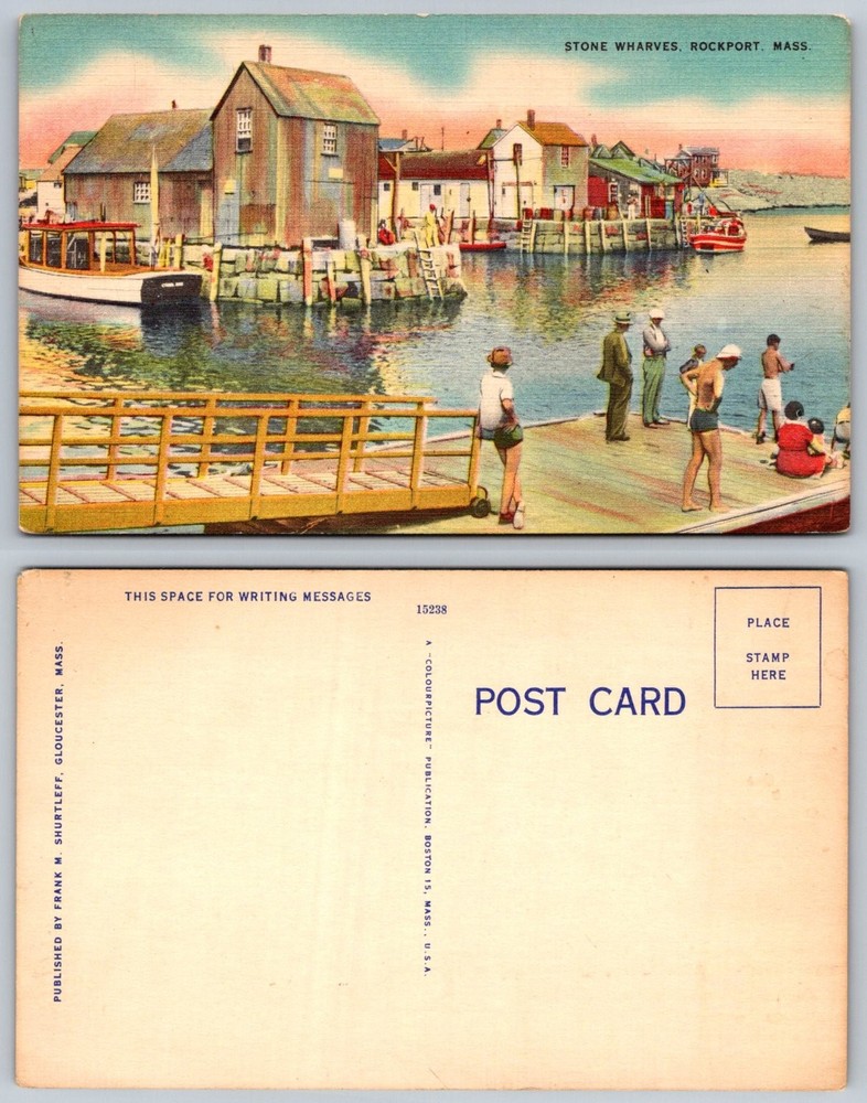 Stone Wharves Rockport MA Colourpicture Linen Postcard Vintage Unposted