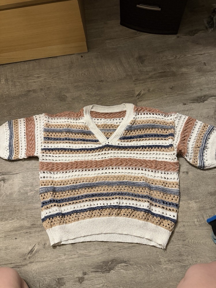 Women’s Multicolor Striped Open-Knit Crochet V-Neck Pullover Sweater M