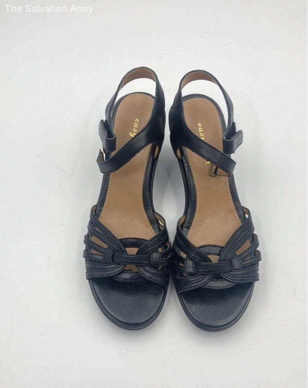 Easy Spirit Womens Black Strappy Wedge Sandals with Hook Loop Closure Size 8