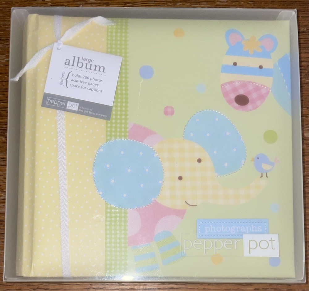 New in Box Pepper Pot Baby Large Album Holds 200 Photos Yellow Blue Green Animal