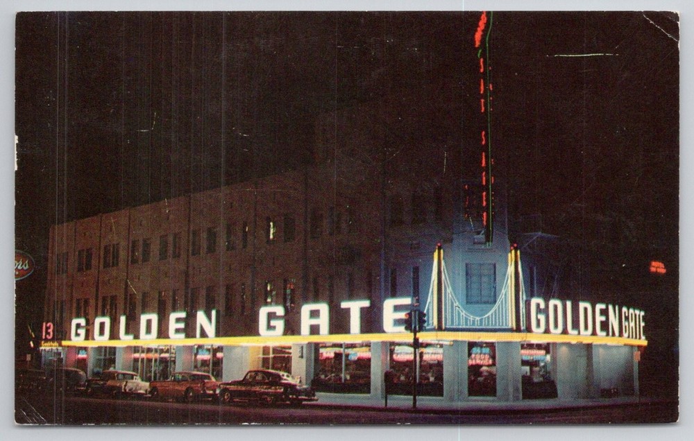 Vintage Golden Gate Casino Las Vegas Nevada Night Neon Postcard 1965